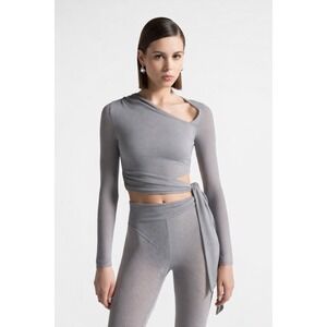 NWT Maniere De Voir Grey Mesh Asymmetric Cutout Wrap Crop Top Long Sleeve US 8
